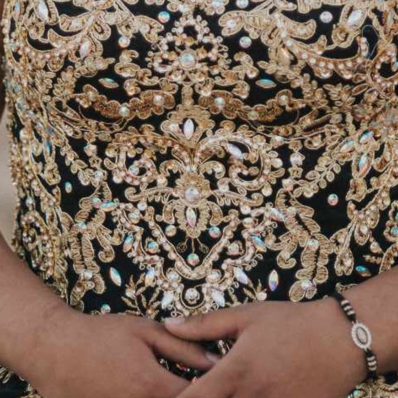 Prom Wedding Quinceañera Black Gold Ball Gown Iridescent gems detachable cape - Picture 10 of 10